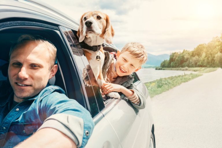 man driving his car with dog and son